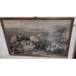 A 19th century engraving: Cliff top scene with children and domestic animals, 52 x 83 cm, framed