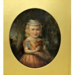 19th Century: oil on card, a three quarter length portrait of a young girl holding a bird's nest,