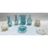 A Victorian pair of blue satin glass vases, 16 cm; an opalescent vase; 6 similar pieces