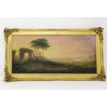 19th Century English School: oil on canvas, a neoclassical capriccio at sunset, 16 x 35 cm, gilt
