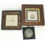A miniature of a classical genre scene en grisaille, diameter 4.8 cm; 2 other small pictures