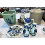 A large oriental jardinière; a T & G Green coffee pot; a pair of Delft vases; pottery; 2 baskets