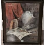 19th Century English School: watercolour, still life with breastplate, sword, books and manuscripts,