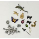 A diamante floral brooch and ear ring set and a small selection of brooches etc