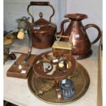 A 19th century copper kettle and trivet; a conical jug; an Art Deco desk lamp; reproduction