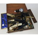 A 19th century walnut and Tunbridgeware jewellery box, watches, costume jewellery