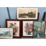 A pair of 19th century watercolours, vases of flowers, framed and glazed and other water colours