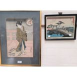 A Japanese colour woodblock print of a geisha, 36 x 25 cm; and another