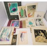 Georges Lepape: 2 pochoir coloured prints, 1930's; a collection of other mounted prints