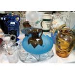 A 'Façon de Venise' blue glass vase; a cloud glass bowl on stand; coloured glassware including