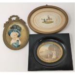 An oval miniature portrait of a woman in ostrich feather hat, gilt metal frame, 14 cm overall; 2