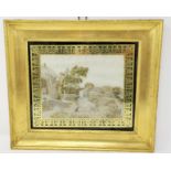 A Georgian silk picture of a young girl with chicks in a nest, 16 x 20 cm, gilt framed