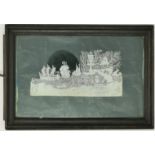 A late 19th century cut paper picture depicting ships at sea, 7 x 13.5 cm, with accompanying
