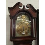 An 18th century crossbanded oak longcase clock, the hood with swan neck pediment and turned side