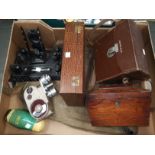 A vintage Bell and Howell 605 cine camera; a cased brush set; a 19th century rosewood tea caddy; a