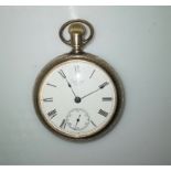 An American Waltham W & Co open faced gold plated pocket watch with second subsidiary