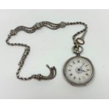 A hallmarked silver pocket watch having white enamel dial with central floral decoration and an
