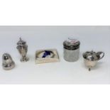 2 silver pepper pots; a silver mustard; silver top hair tidy and a silver bangle