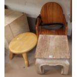 A small oriental stool; 2 other stools, a child's chair