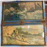 A pair of colour prints of Native Americans in matching blue / gilt frames, 34 x 75cm