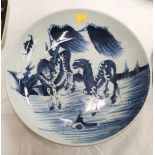 A Chinese blue and white plate decorated with horses in field, foot unglazed diameter 23cm