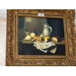 20th Century: Still life pipe and jug, oil on canvas, unsigned, 24 x 29 cm, gilt framed