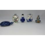 A Chinese small blue and white moon vase; 4 other snuff bottles