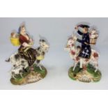 An early 19th century pair of Derby style figure groups: "Welsh Tailor and his Wife" riding on goats