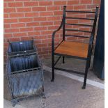 A wrought metal conservatory chair ; a pair of square wirework garden urns (lining af) and similar