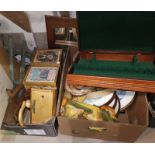 A chrome and plywood tray, 2 easels, a pottery sculpture etc