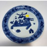 A Chinese blue and white plate decorated with antique vases etc and another blue and white plate