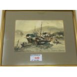 Chin Chung: Kowloon with figures in boat, watercolour, 11.5 x 17 cm, framed and glazed; a signed