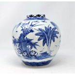 A Chinese blue and white globular vase decorated with plants and insects etc height 22cm