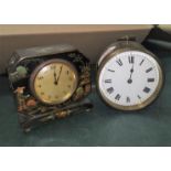 A mantel clock in Japanese lacquer case; a brass cased mantel clock with enamel dial