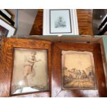 Two antique prints in oak frames; an etching of a baby standing with stick