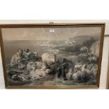 A 19th century engraving: Cliff top scene with children and domestic animals, 52 x 83 cm, framed