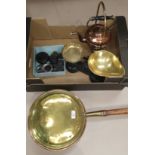 A 19th century copper and brass warming pan and spirit kettle and a set of Victorian style kitchen