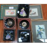 A pair of 19th century style miniatures; 3 1930's small butterfly wing pictures; 3 Macclesfield silk