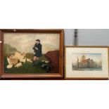 Scottish Primitive School: Figure in kilt with pipe, tending sheep, oil on canvas, unsigned, 44 x