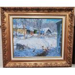 Valentin Kuts, b. 1940: Farmyard in Winter, oil on canvas, signed on reverse, 40 x 50 cm, framed