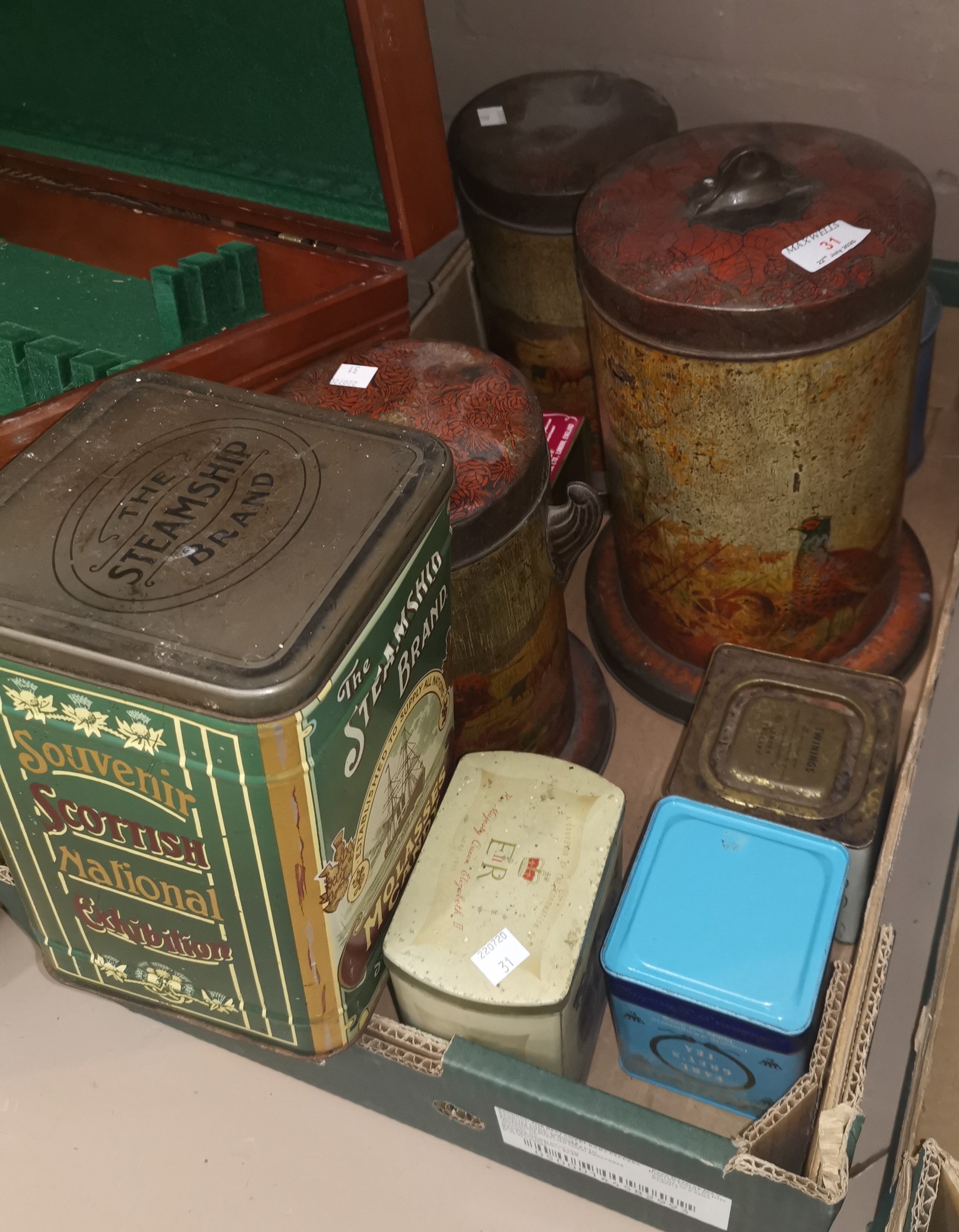 A collection of old tins; 3 outside wall lanterns