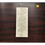 A 19th century detailed carved ivory plaque of people releasing incense, mounted on hard wood
