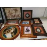 A framed collage of butterflies and flowers; a selection of miniature pictures and prints