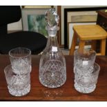 A Thomas Webb cut and etched glass decanter four similar tumblers and a selection of cut and other