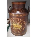 A metal milk churn with painted floral decoration