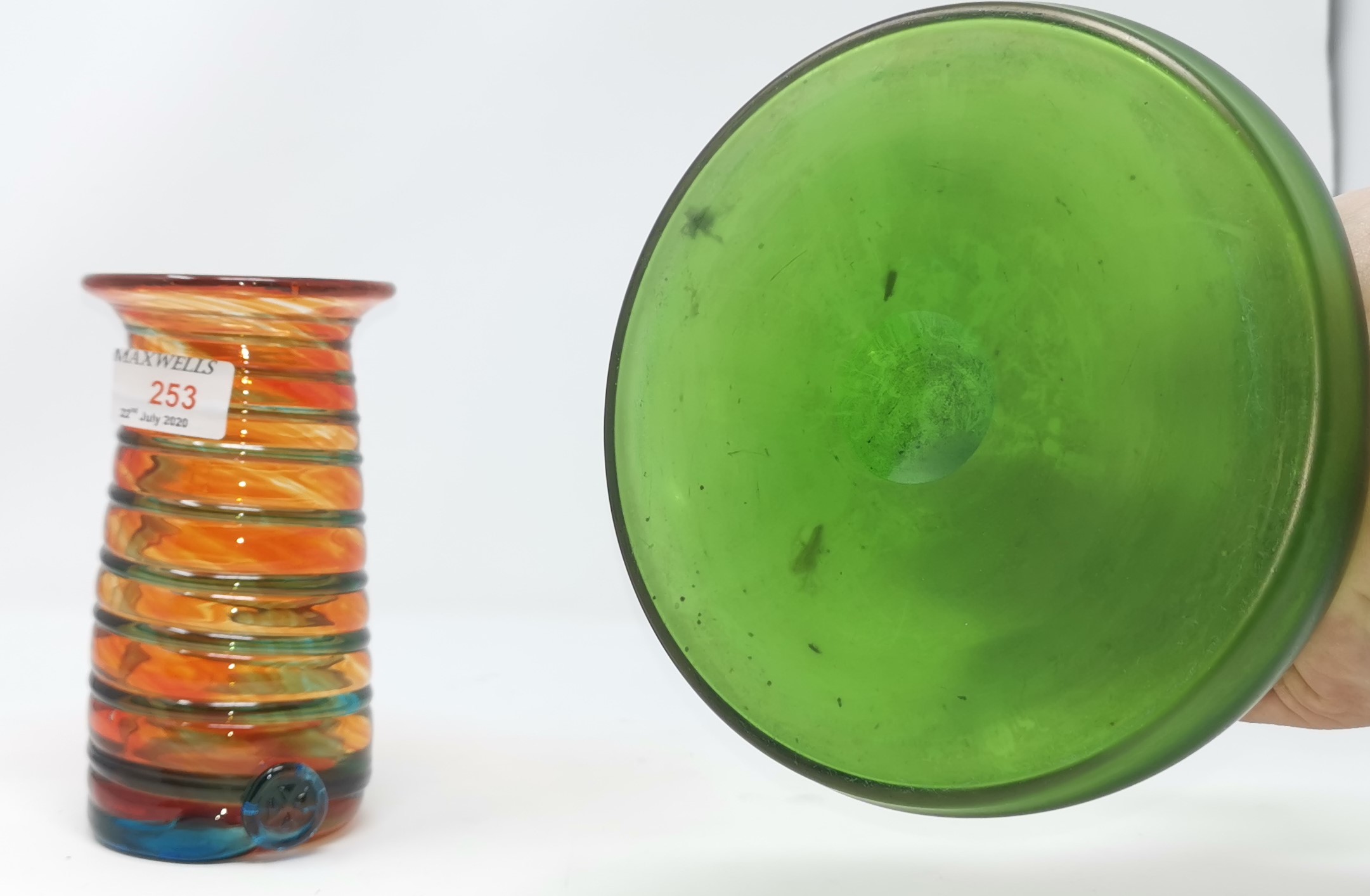 A Mdina orange vase with flared rim; a Loetz style green lustre vase with impressed indentations - Image 2 of 2