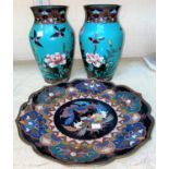 An pair of oriental cloisonné vases decorated with birds and flowers on turquoise ground, 24 c m;
