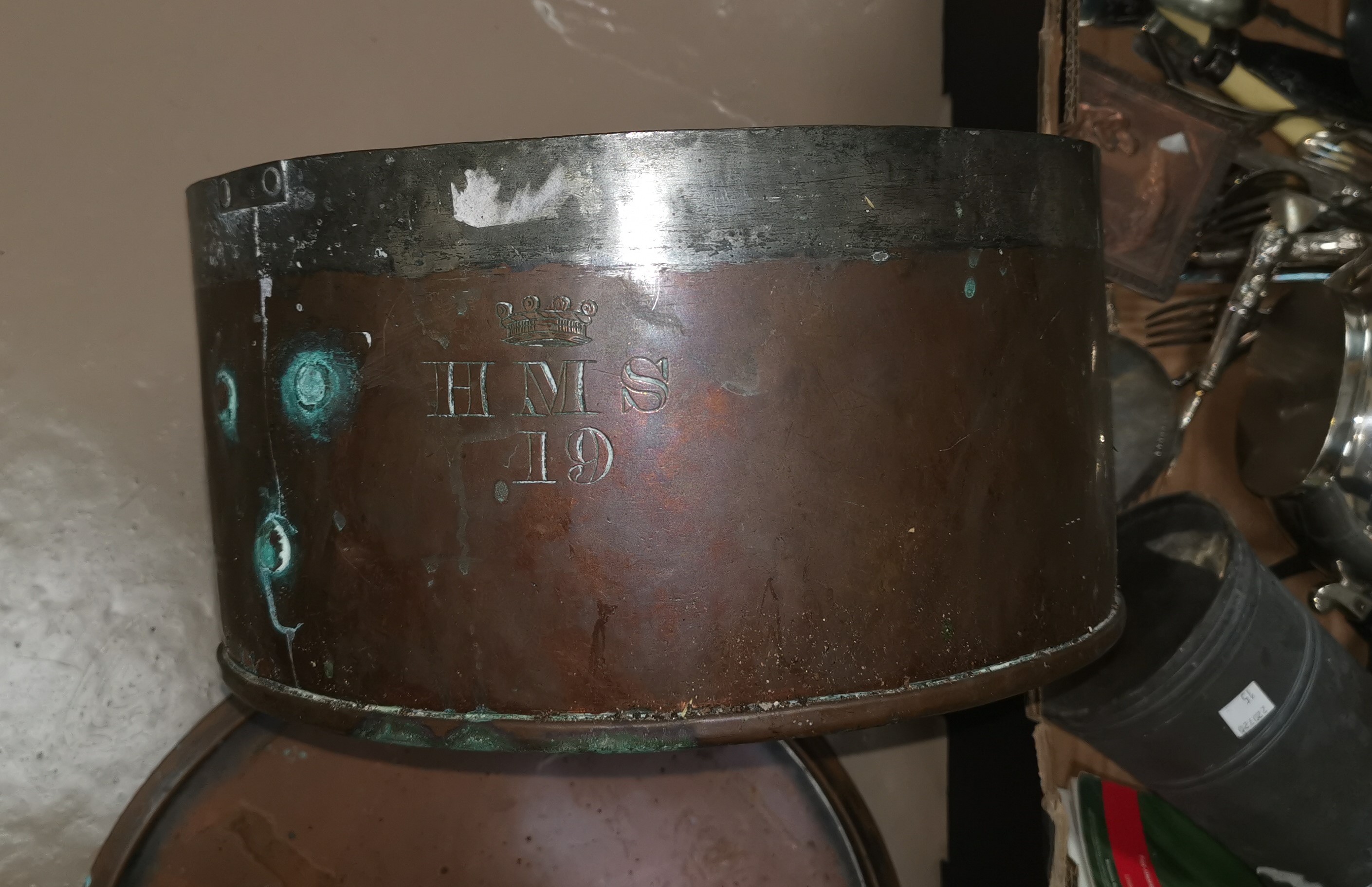 A copper jam pan stamped HMS 19; a large copper pan lid; a selection of metalware - Image 2 of 2