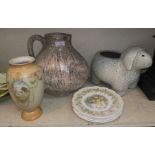 A large pottery wine jug/pitcher, a vase, other decorative items