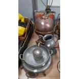 A Middle Eastern brass and copper chestnut roaster; an EPNS lamp base (af) and other metalware